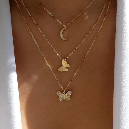 Multi-layer Crystal Butterfly & Moon Pendant Necklace