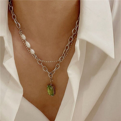 Green Square Brick Titanium Steel Necklace