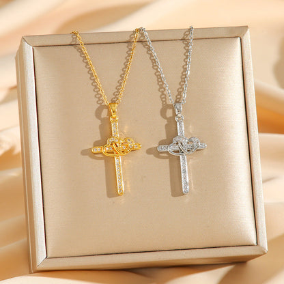 Cross Double Ring Love Heart Zircon Necklace