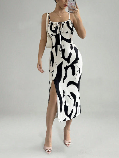Summer Printed Suspender Split Dress Fashion Slim Lace-up Long Dresses For Women Clothing