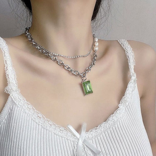 Green Square Brick Titanium Steel Necklace