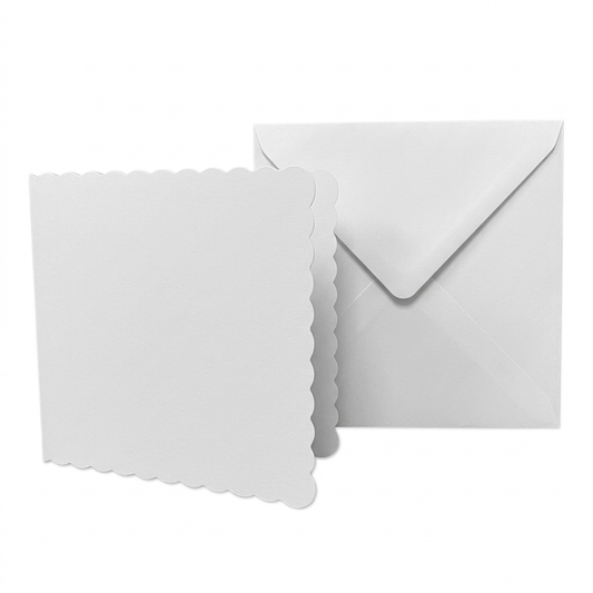 50 Pack - 6" x 6" White Scalloped Greeting Card Blanks & Envelopes - 300gsm