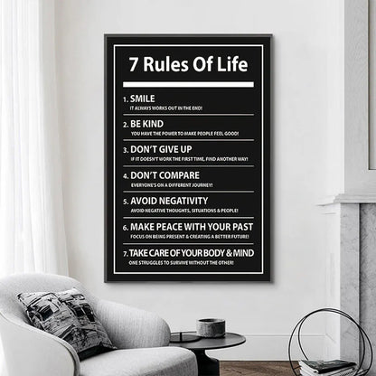 7 Rules of Life Motivational Poster – Black & White Typography Wall Art