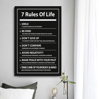 7 Rules of Life Motivational Poster – Black & White Typography Wall Art