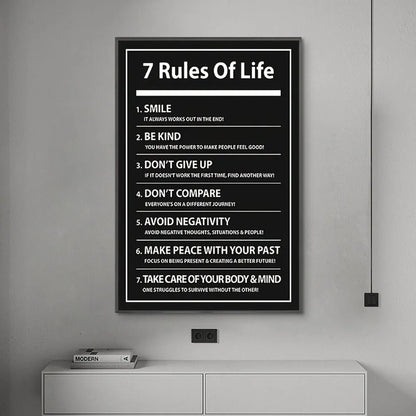 7 Rules of Life Motivational Poster – Black & White Typography Wall Art