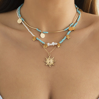 Multi-Layer Ethnic Sunflower Pendant Collarbone Necklace