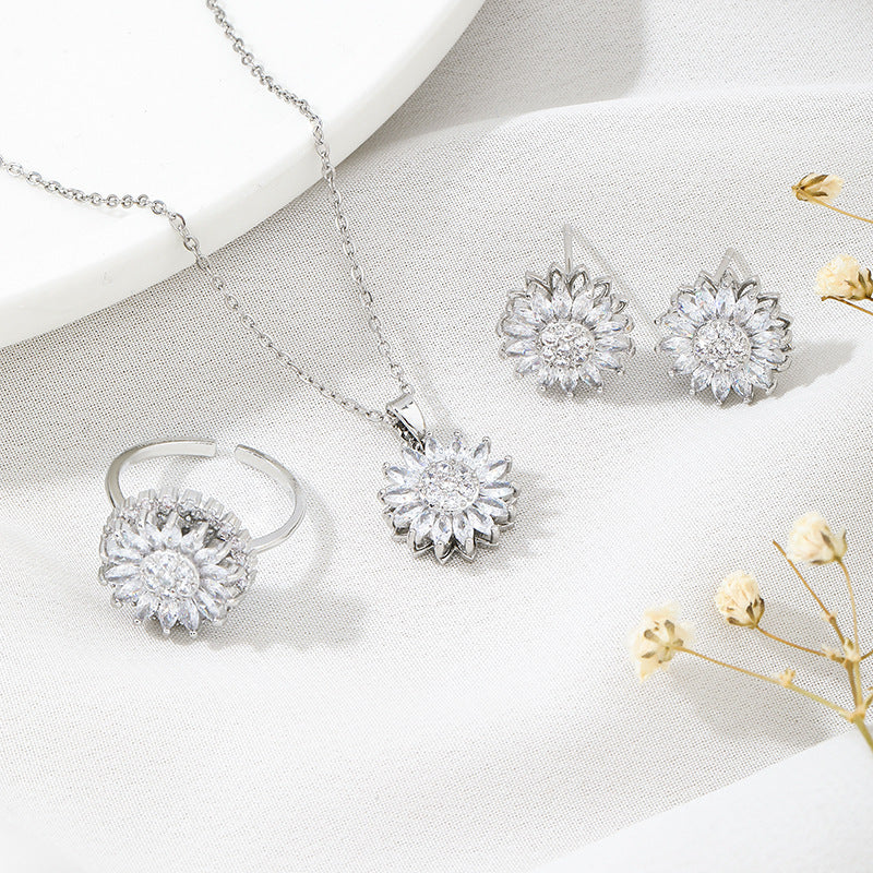 Rotatable Sunflower Stainless Steel Necklace, Earrings & Ring Set