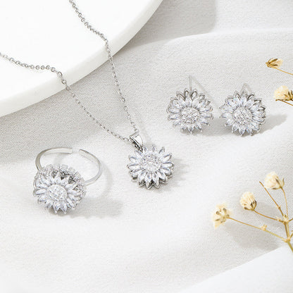 Rotatable Sunflower Stainless Steel Necklace, Earrings & Ring Set