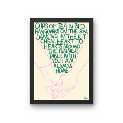 Cups of Tea in Bed | Green and Lilac Hand Drawn Living Room Bedroom Bold Food and Drink Print
