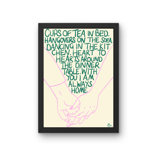 Cups of Tea in Bed | Green and Lilac Hand Drawn Living Room Bedroom Bold Food and Drink Print