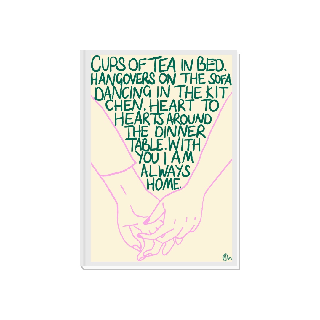 Cups of Tea in Bed | Green and Lilac Hand Drawn Living Room Bedroom Bold Food and Drink Print