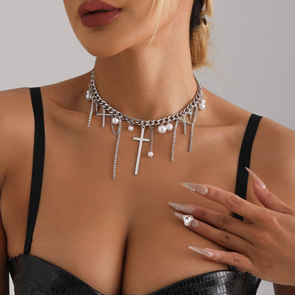 Cross Tassel Pearl Collarbone Chain Necklace