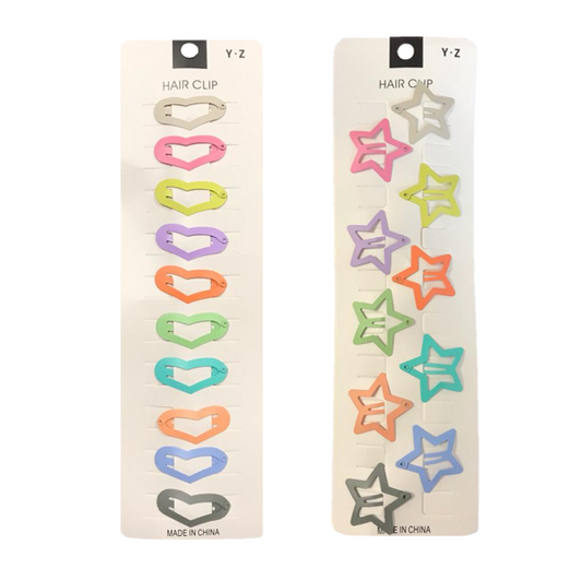 Heart Star Shape Hair Clips Pack of 10 Vibrant Colors