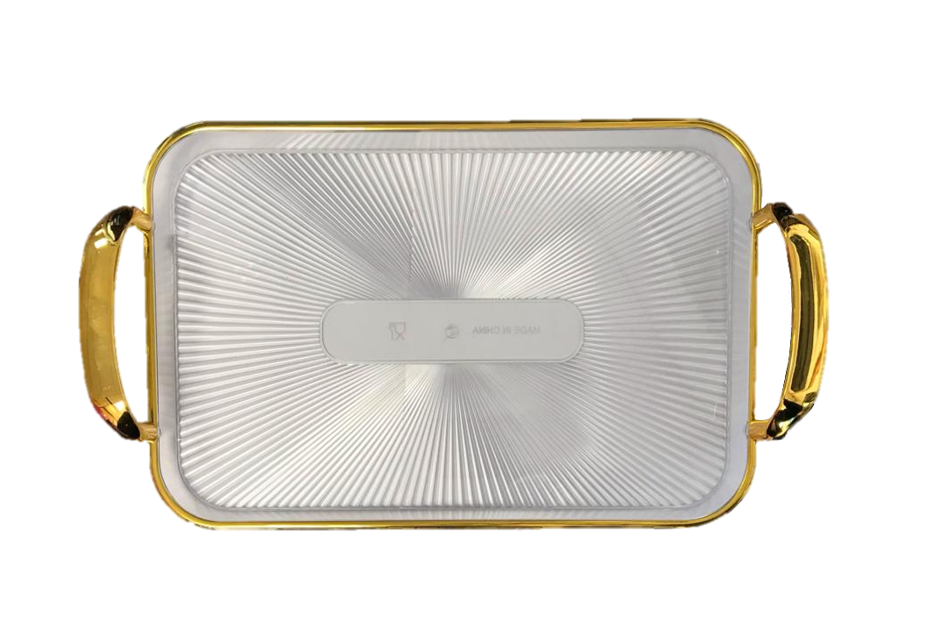 Elegant Rectangular Clear Plastic Serving Tray with Gold Rim 30 x 42 cm