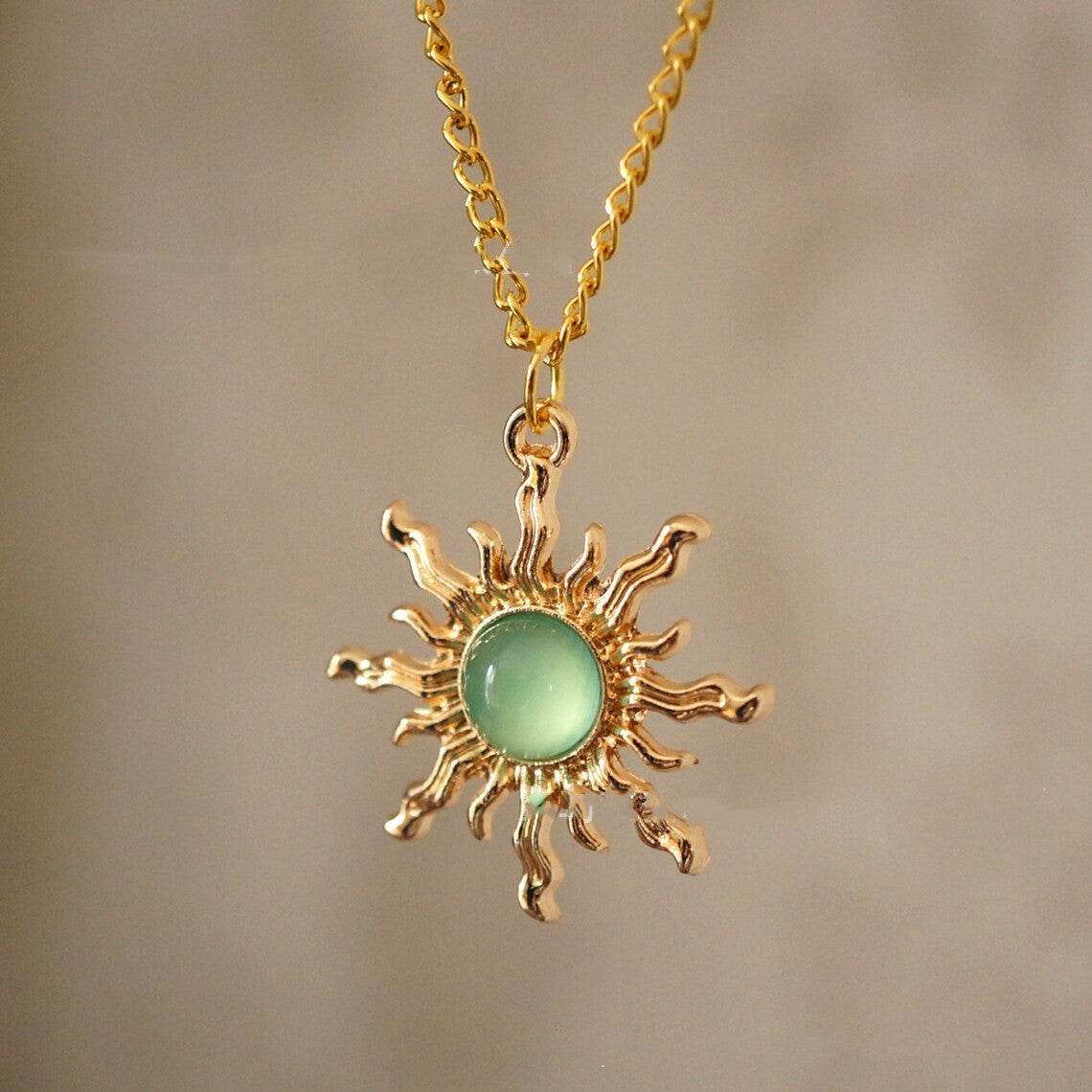 Gold and Light Green Sun Necklace