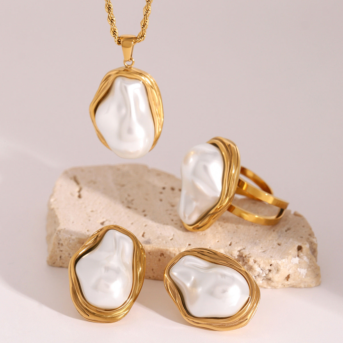 Pearl Necklace, Earrings & Ring Set