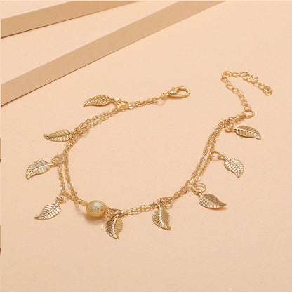 Round Beads, Small Leaves And Tassel Double-Layer Anklet