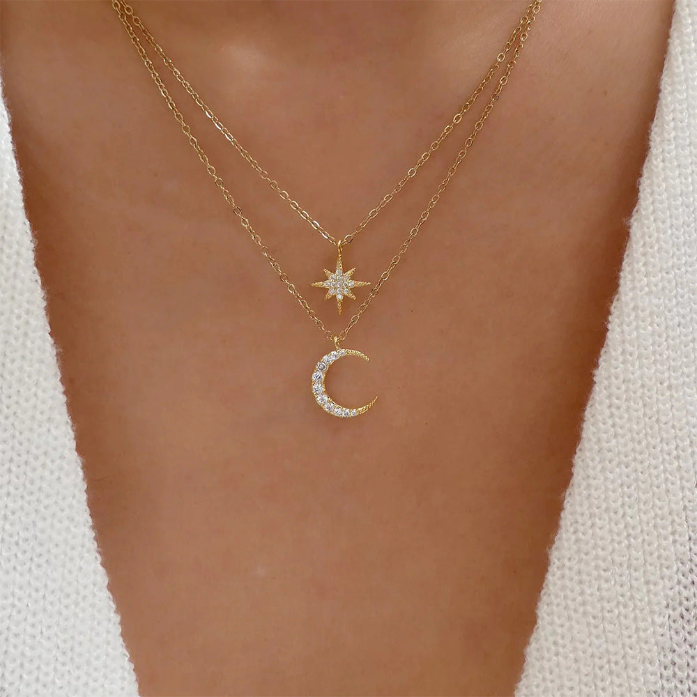 Double Layer Twin Diamond Star and Moon Necklace