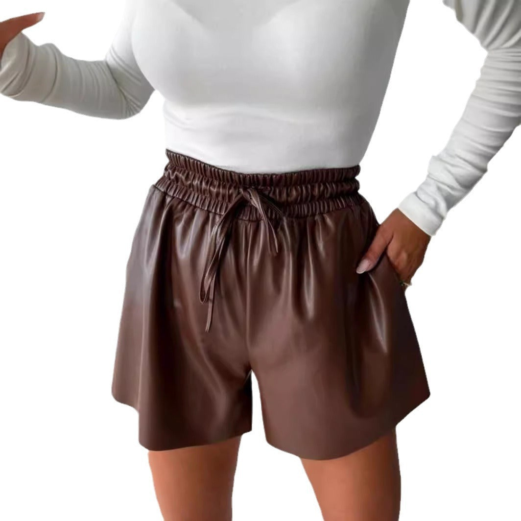 Drawstring Lace PU Leather Wide-leg Casual Pants Shorts For Women