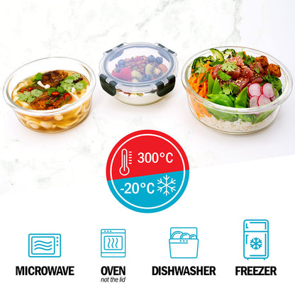 Glass Stackable Round Containers - 950ml, 650ml & 400ml - 3 PACK