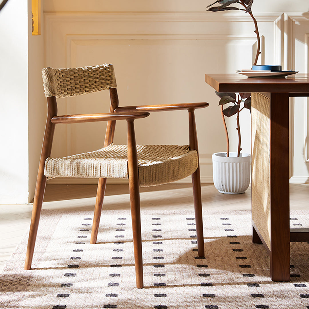 Fuchs Dining Table, Solid Wood & Rattan, Dark Oak