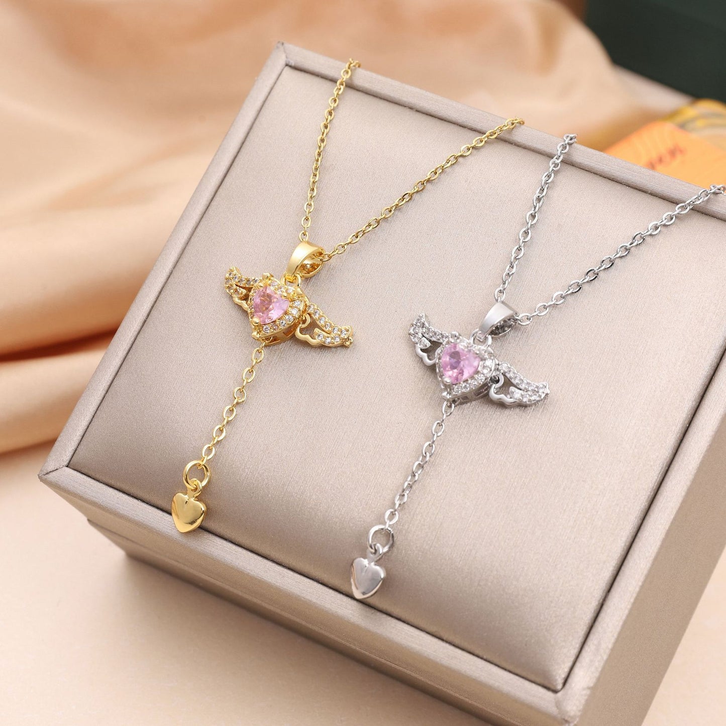 Moving Cupid Heart Angel Wings Necklace