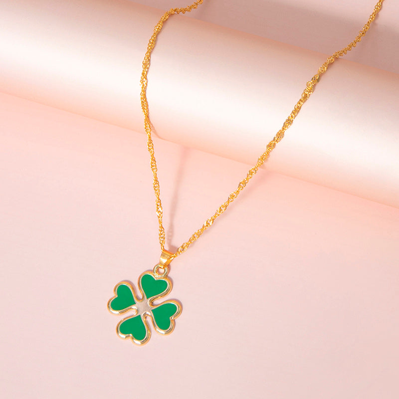 Green Enamel Four-Leaf Clover Necklace