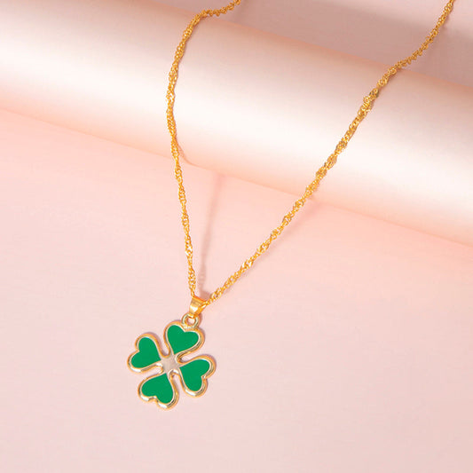Green Enamel Four-Leaf Clover Necklace