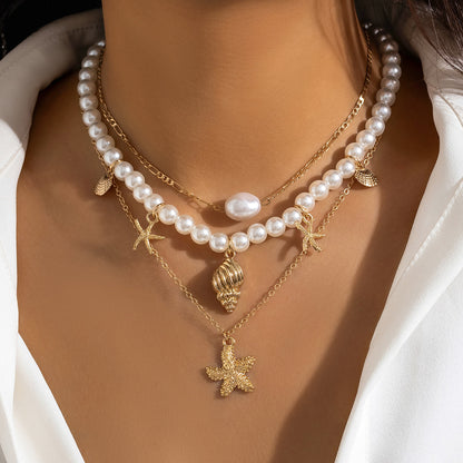 Multi-Layer Starfish Shell Pearl, Cross, Palm Tree Necklaces, 3Pc Set