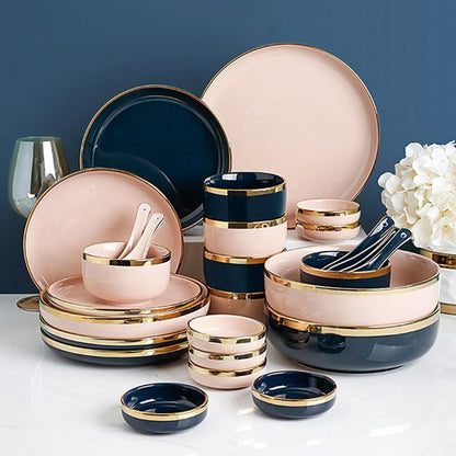 8 Piece Dinner Set, Pink And Dark Blue