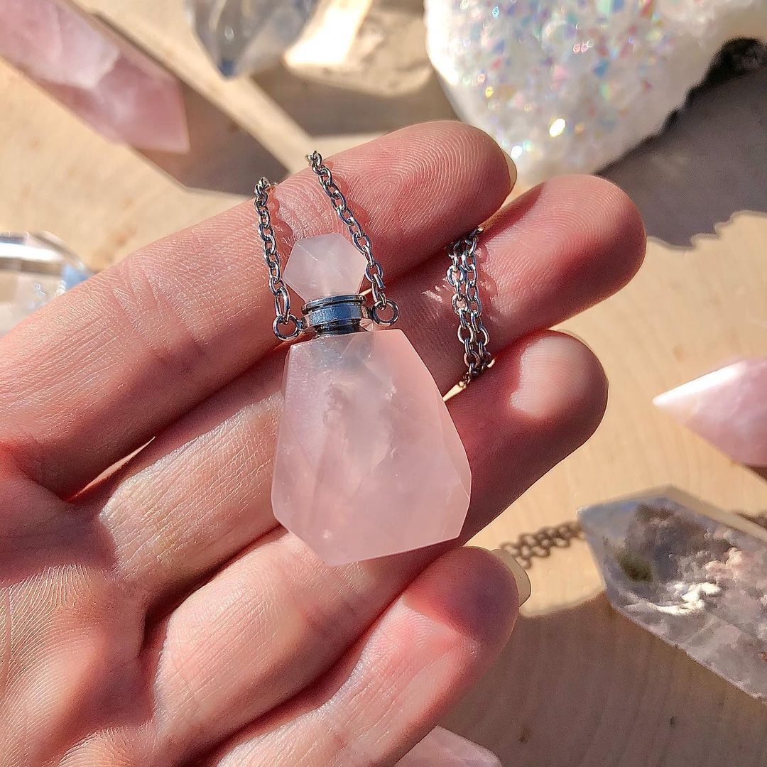 Perfume Bottle Crystal Pendant Necklace, Silver Chain