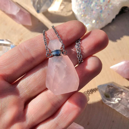 Perfume Bottle Crystal Pendant Necklace, Silver Chain