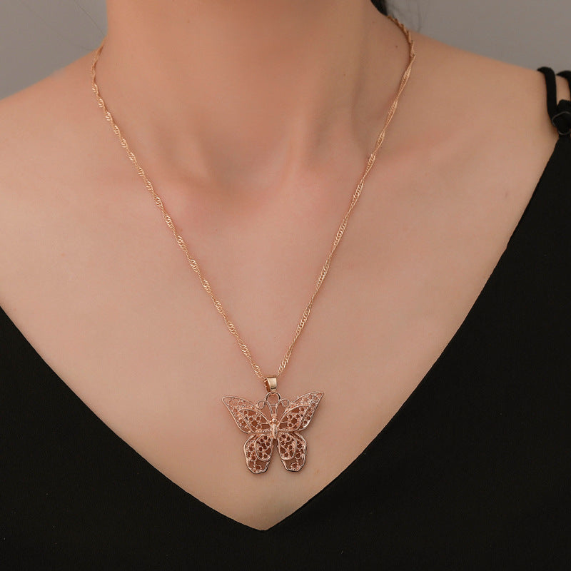 Butterfly Pendant Necklace with Water Wave Chain