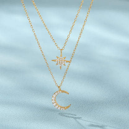 Double Layer Twin Diamond Star and Moon Necklace