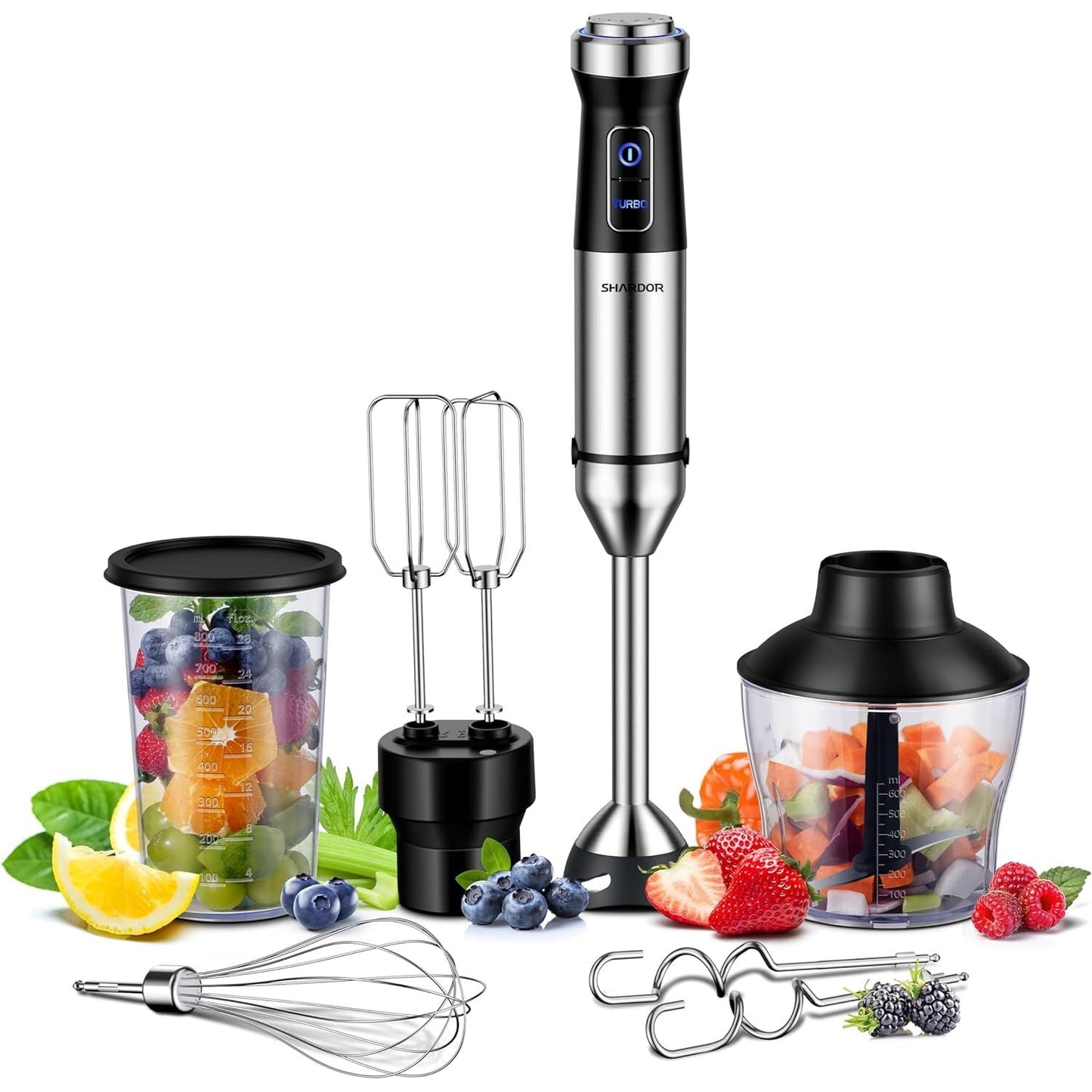 Shardor Hand Blender 6 in 1 1200W Stick Blender 20 Speed with Beaker Chopper