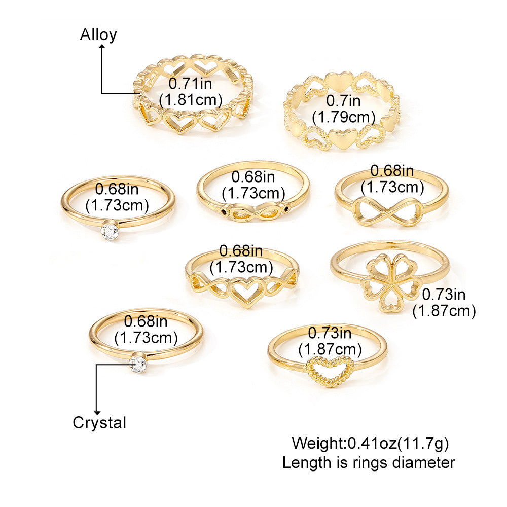 Gold Colour Heart Rings Set - 9pcs