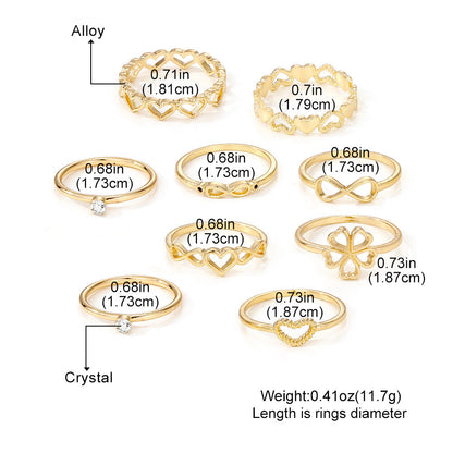 Gold Colour Heart Rings Set - 9pcs