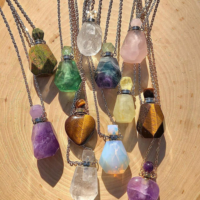 Perfume Bottle Crystal Pendant Necklace, Silver Chain