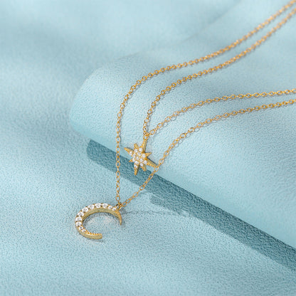 Double Layer Twin Diamond Star and Moon Necklace