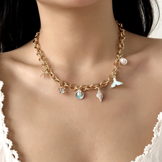Starfish Pearl Shell Fishtail Multi-Pendant Necklace & Bracelet Set