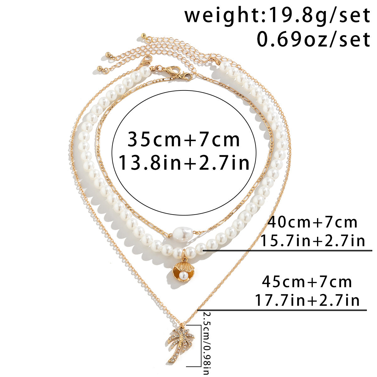 Multi-Layer Starfish Shell Pearl, Cross, Palm Tree Necklaces, 3Pc Set