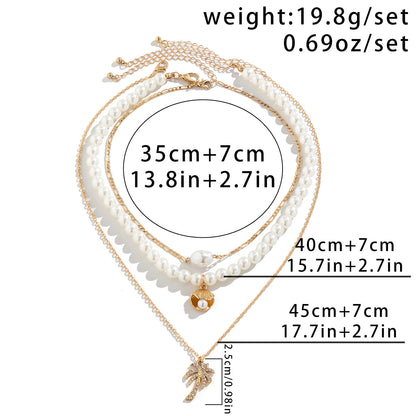 Multi-Layer Starfish Shell Pearl, Cross, Palm Tree Necklaces, 3Pc Set