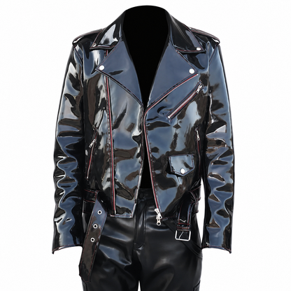 Men’s Emo Vinyl Biker Jacket with Gothic Red Stitching