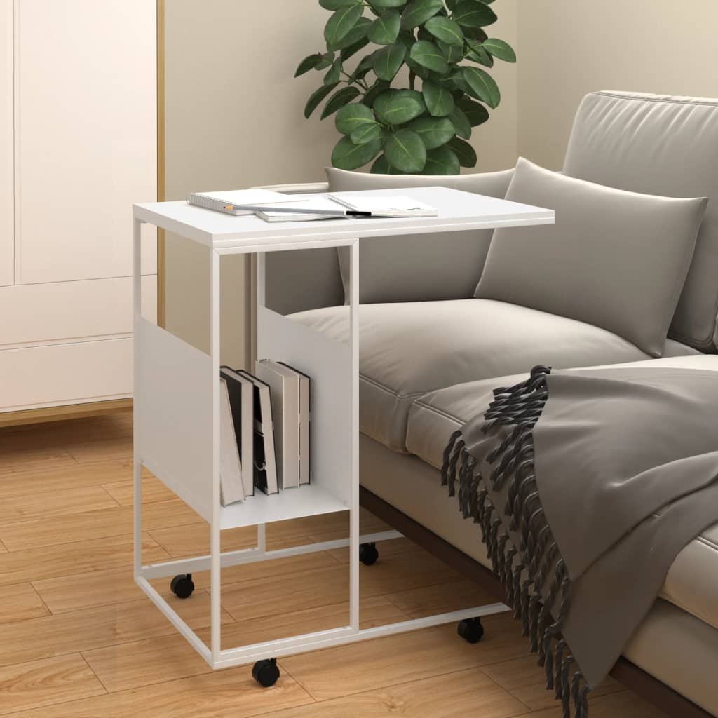 Side Table with Wheels White 55x36x63.5 cm Engineered Wood