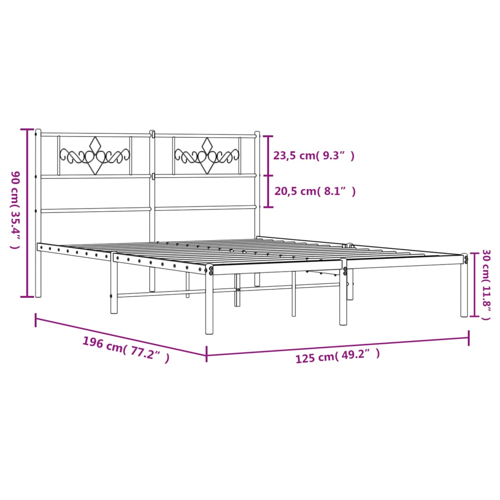 Metal Bed Frame without Mattress with Headboard Black 120x190cm