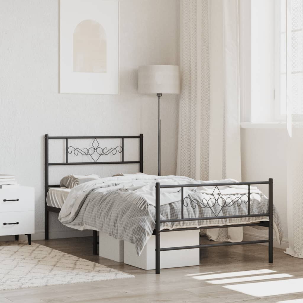 Metal Bed Frame without Mattress with Footboard Black 75x190cm