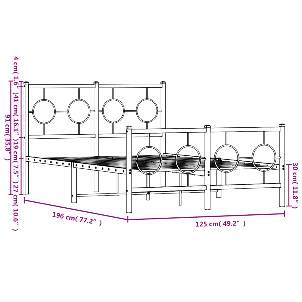 Metal Bed Frame without Mattress with Footboard Black 120x190cm