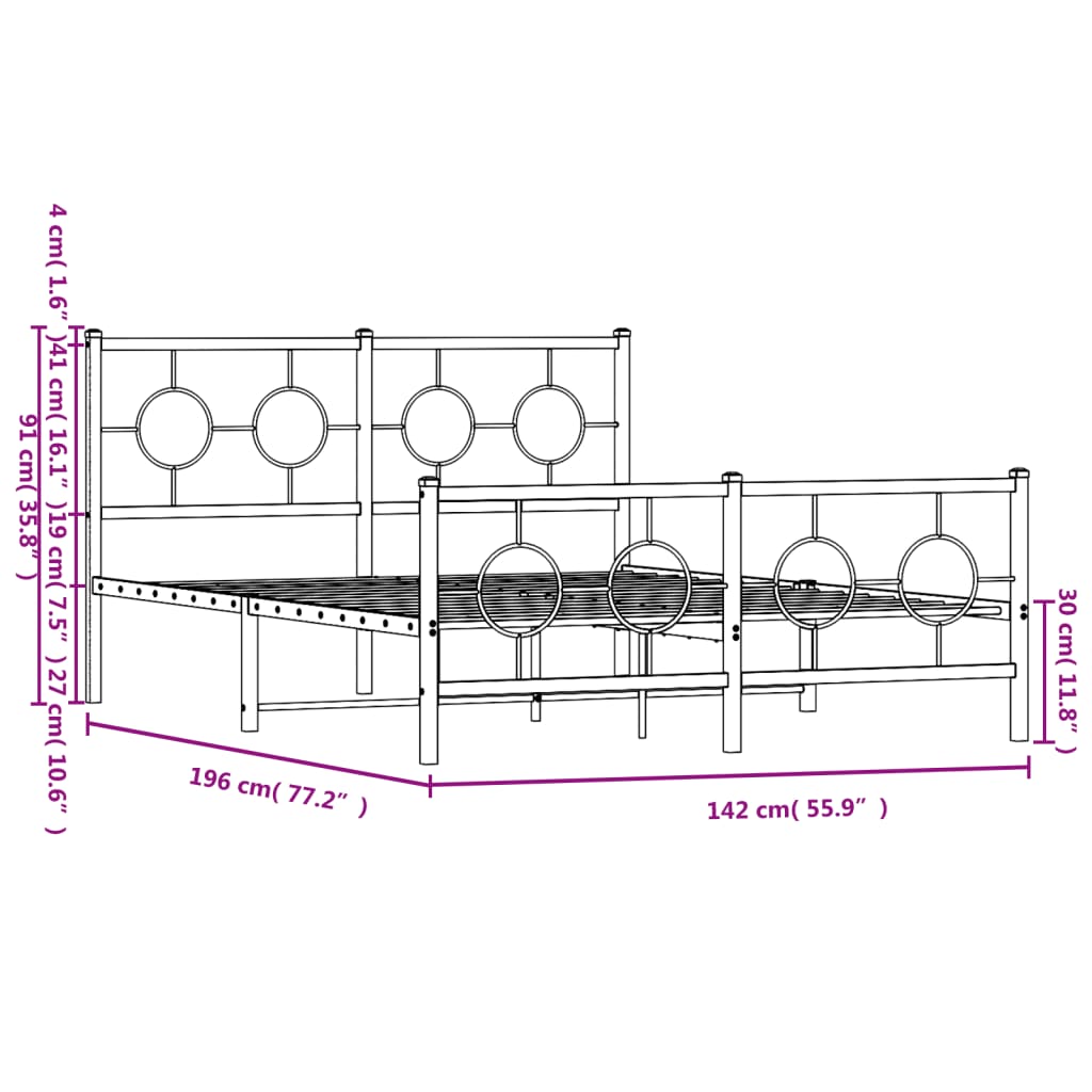 Metal Bed Frame without Mattress with Footboard White 135x190cm