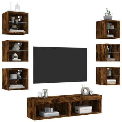 8 Piece TV Wall Units with LED Smoked Oak Engineered Wood