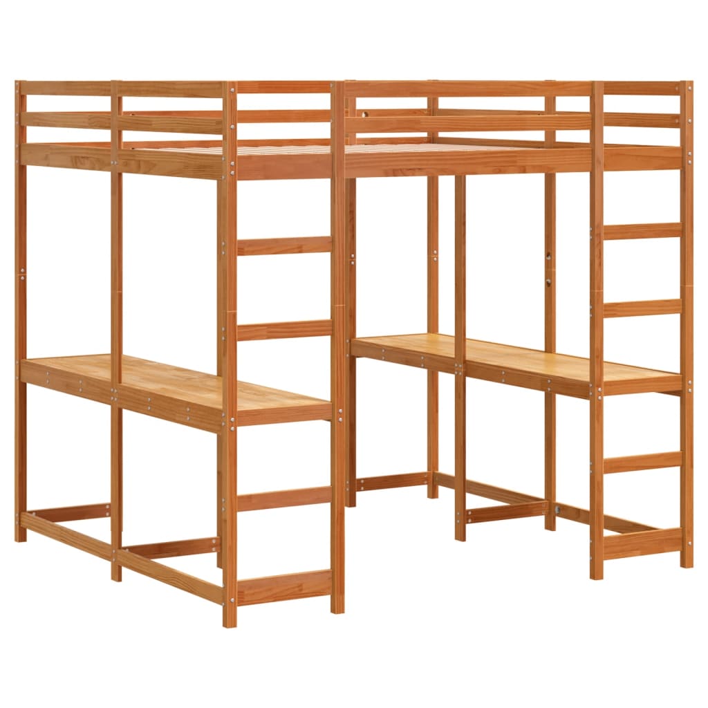 Loft Bed with Desk and Ladder Wax Brown 160x200 cm Solid Wood Pine